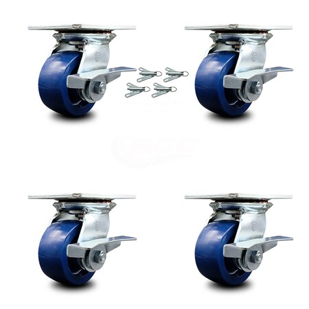 Service Caster 4 Inch Solid Poly Caster Set with Roller Bearings and Brakes/Swivel Locks SCC SCC-35S420-SPUR-SLB-BSL-4